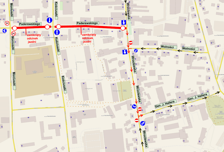 Zmiana organizacji ruchu na ul. Wrocławskiej, zamknięcie ul. Paderewskiego